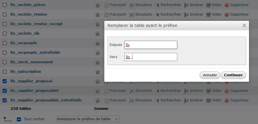 Screenshot phpmyadmin comment changer un préfixe de table
