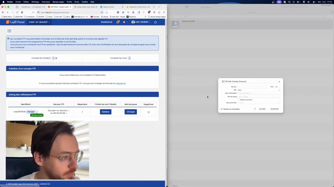 Fenêtre CyberDuck ouverte à côté du panneau FTP avec une boîte de connexion au serveur