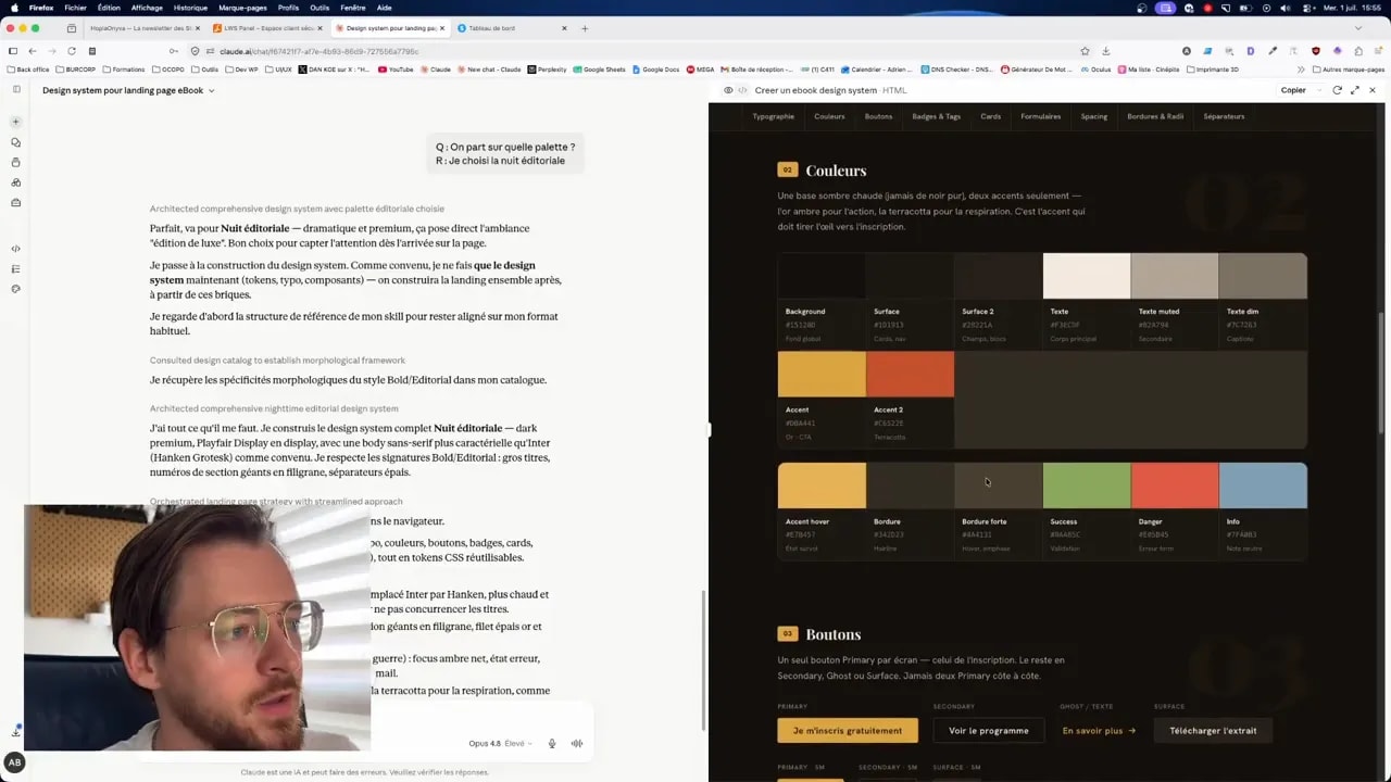 Page sombre présentant un design system avec palettes de couleurs, boutons et composants