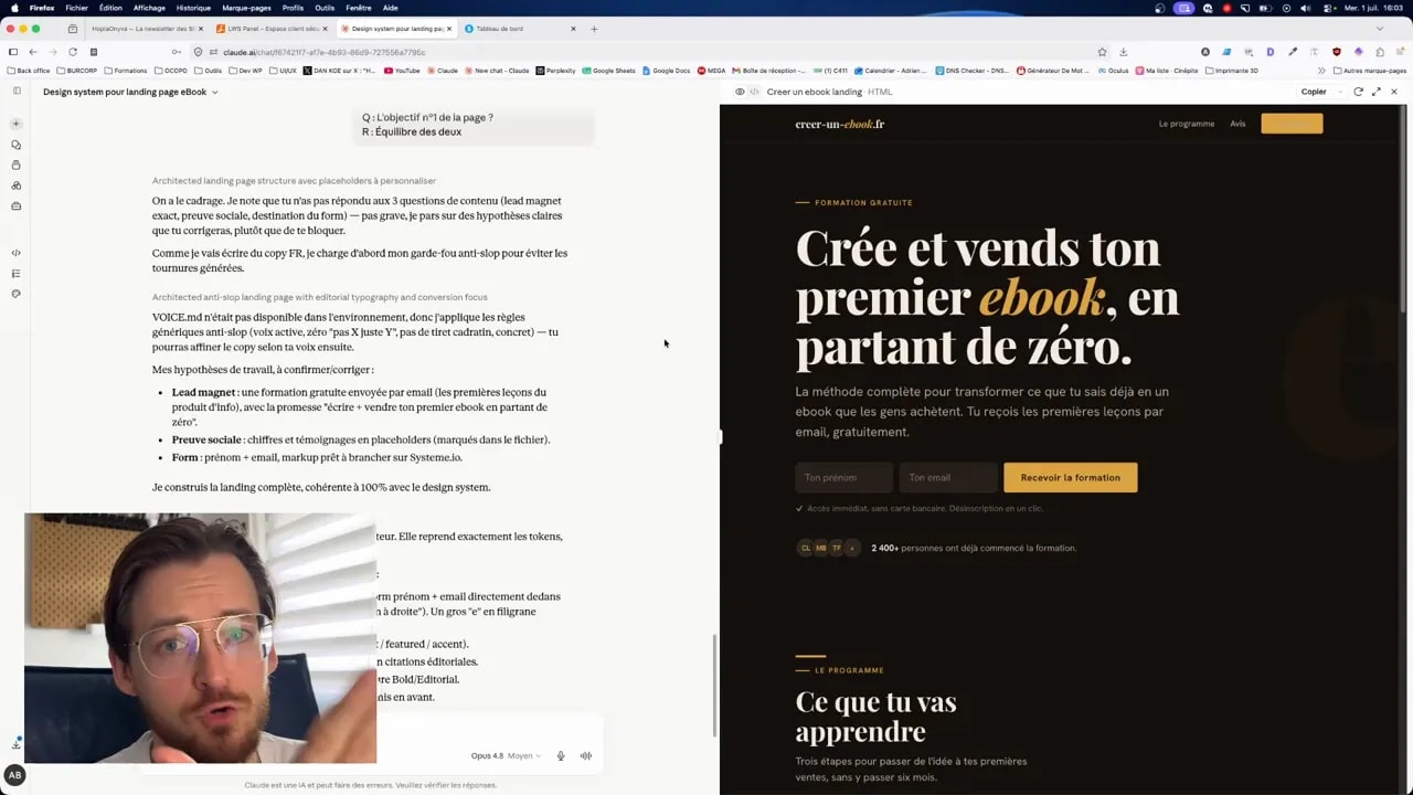 Aperçu d'une landing page sombre avec le titre Crée et vends ton premier ebook en partant de zéro
