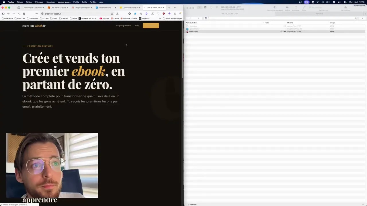Page finale en ligne avec fond sombre, grand titre sur la création d'ebook et formulaire intégré