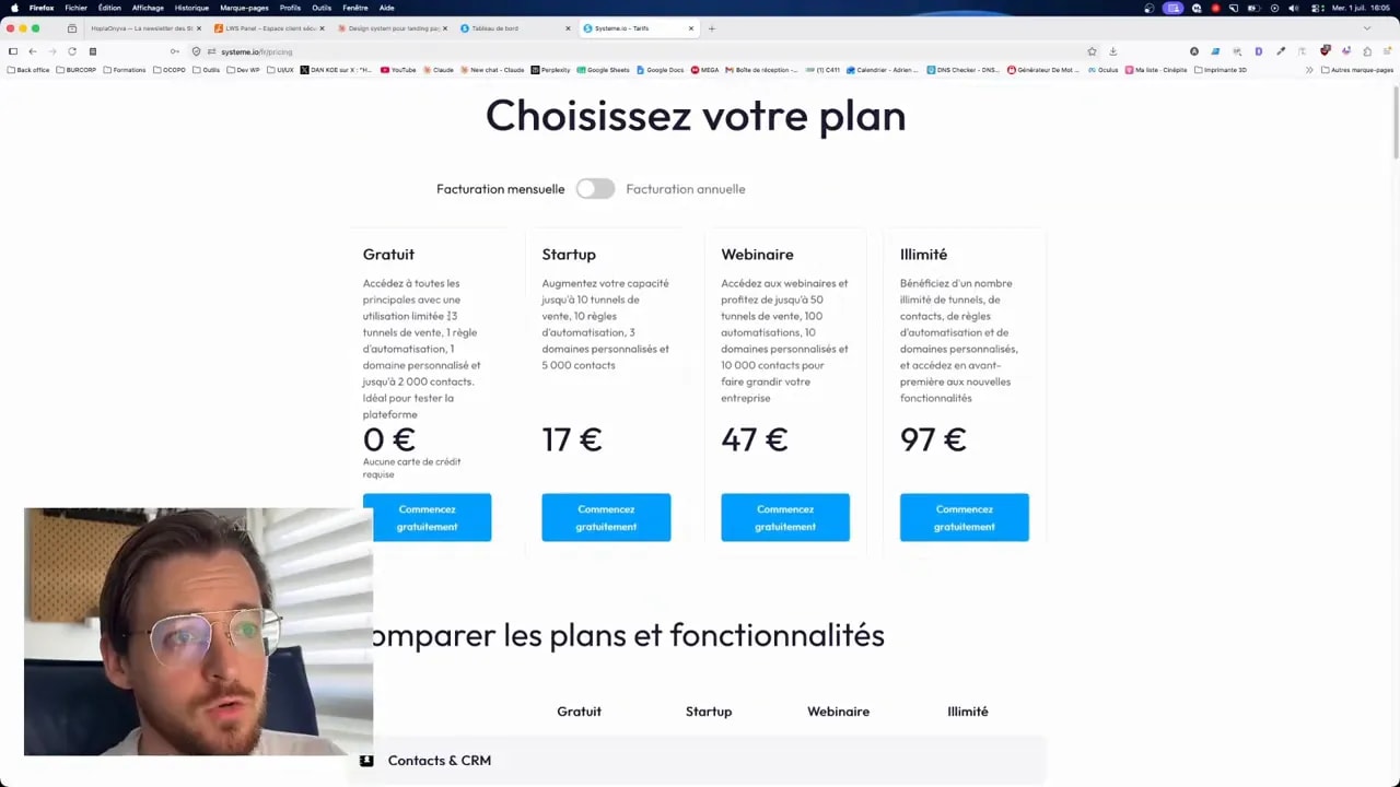Page Systeme.io avec le comparatif des plans et le plan gratuit à 0 euro