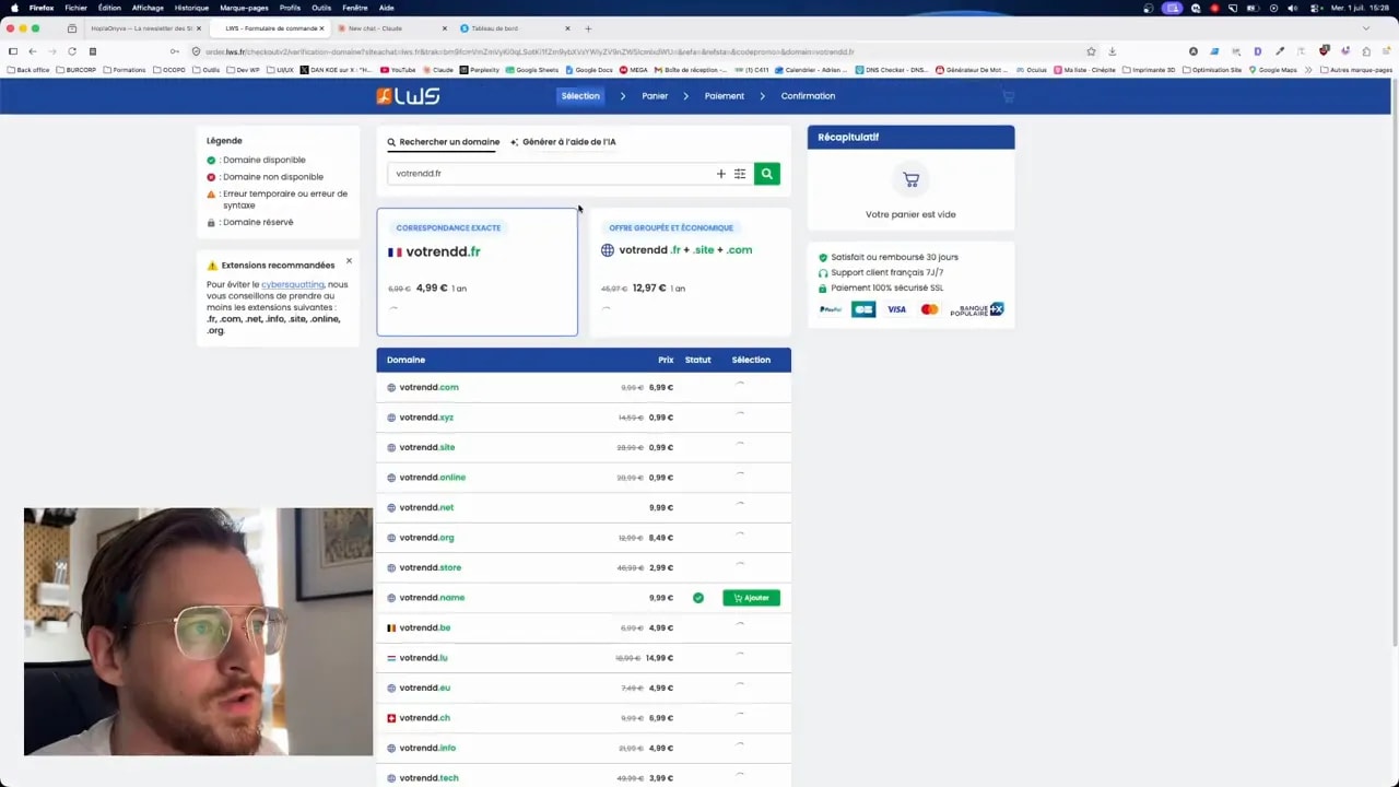Tableau de bord LWS avec la liste des domaines et des options de gestion