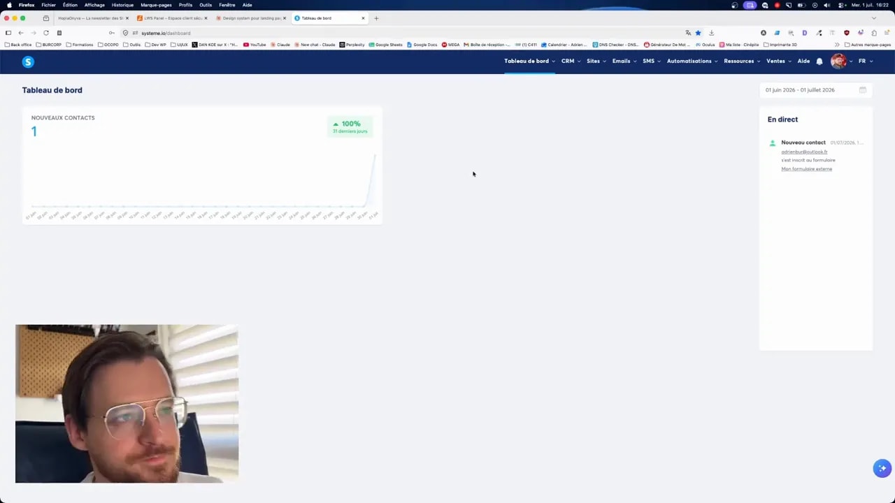 Tableau de bord Systeme.io avec statistiques et blocs de gestion marketing